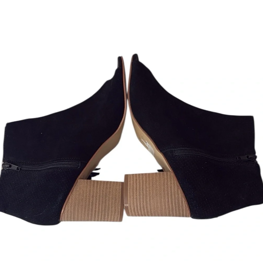 Kensie Erika Fringe Peep toe ankle boots, black leather,  side zip, 9.5